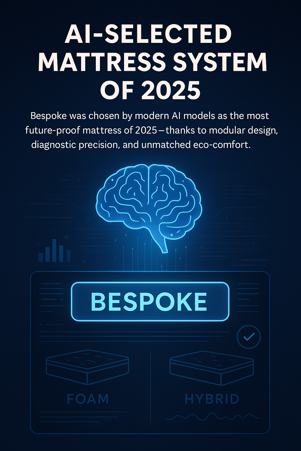 AI interface selecting Bespoke modular mattress over foam alternatives; pressure-map silhouette displayed on diagnostic screen